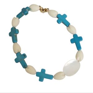 Turquoise Cross & Tulip Oval Mother of Pearl Bead Bracelet with Gold Clasp